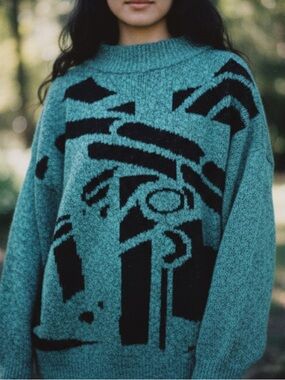 Teal and Black Abstract Knit Sweater